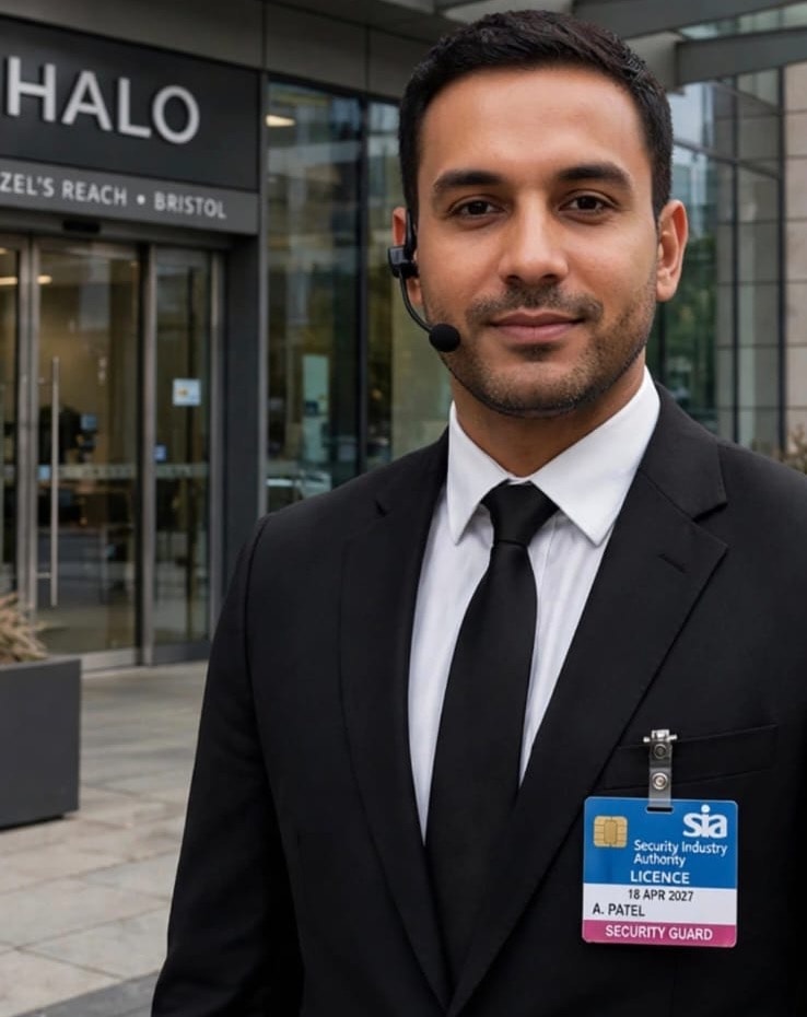 Suited security officer outside a modern building
